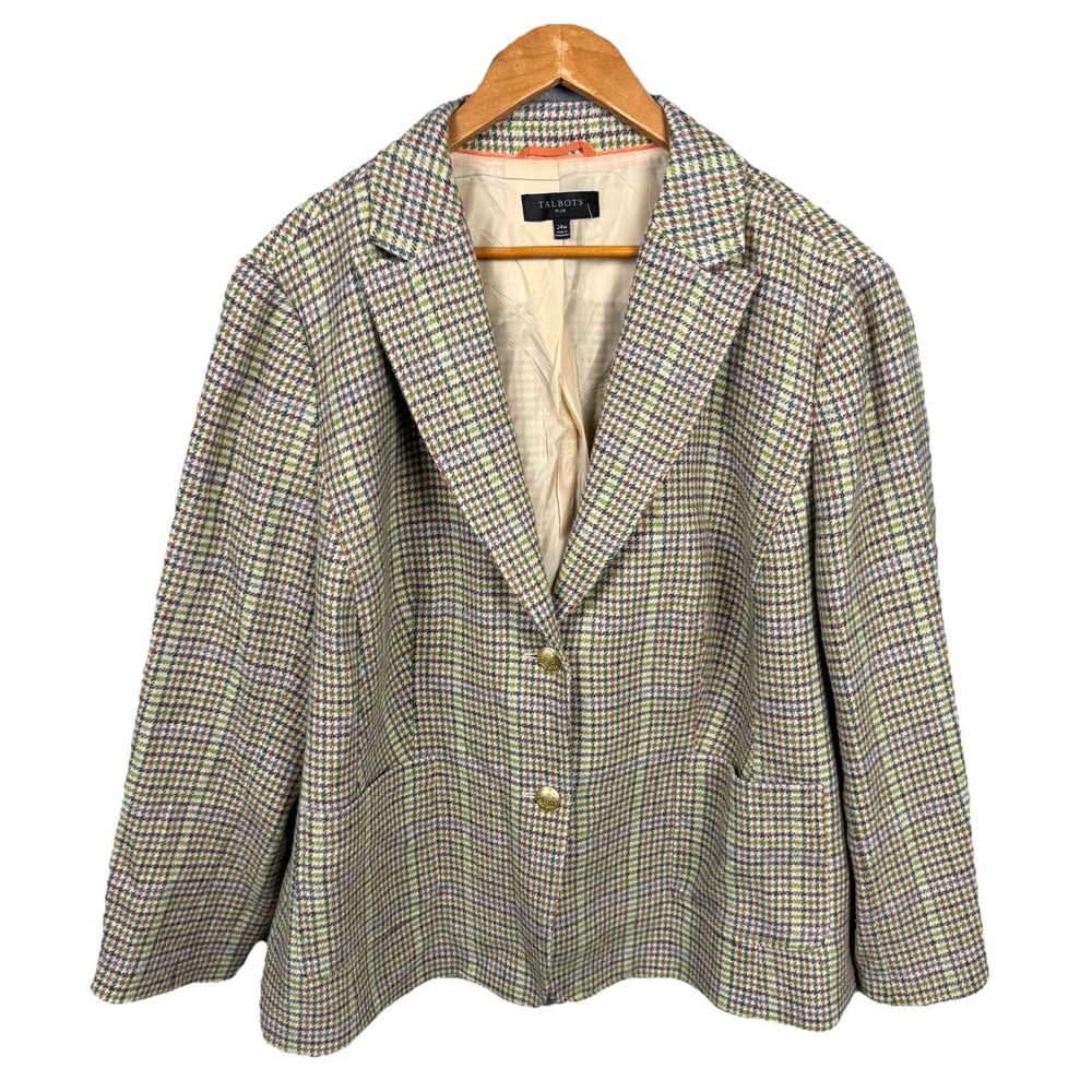 Talbots Womens Houndstooth Blazer Gold Crest Buttons 24W‎ Wool Blend Fully Lined